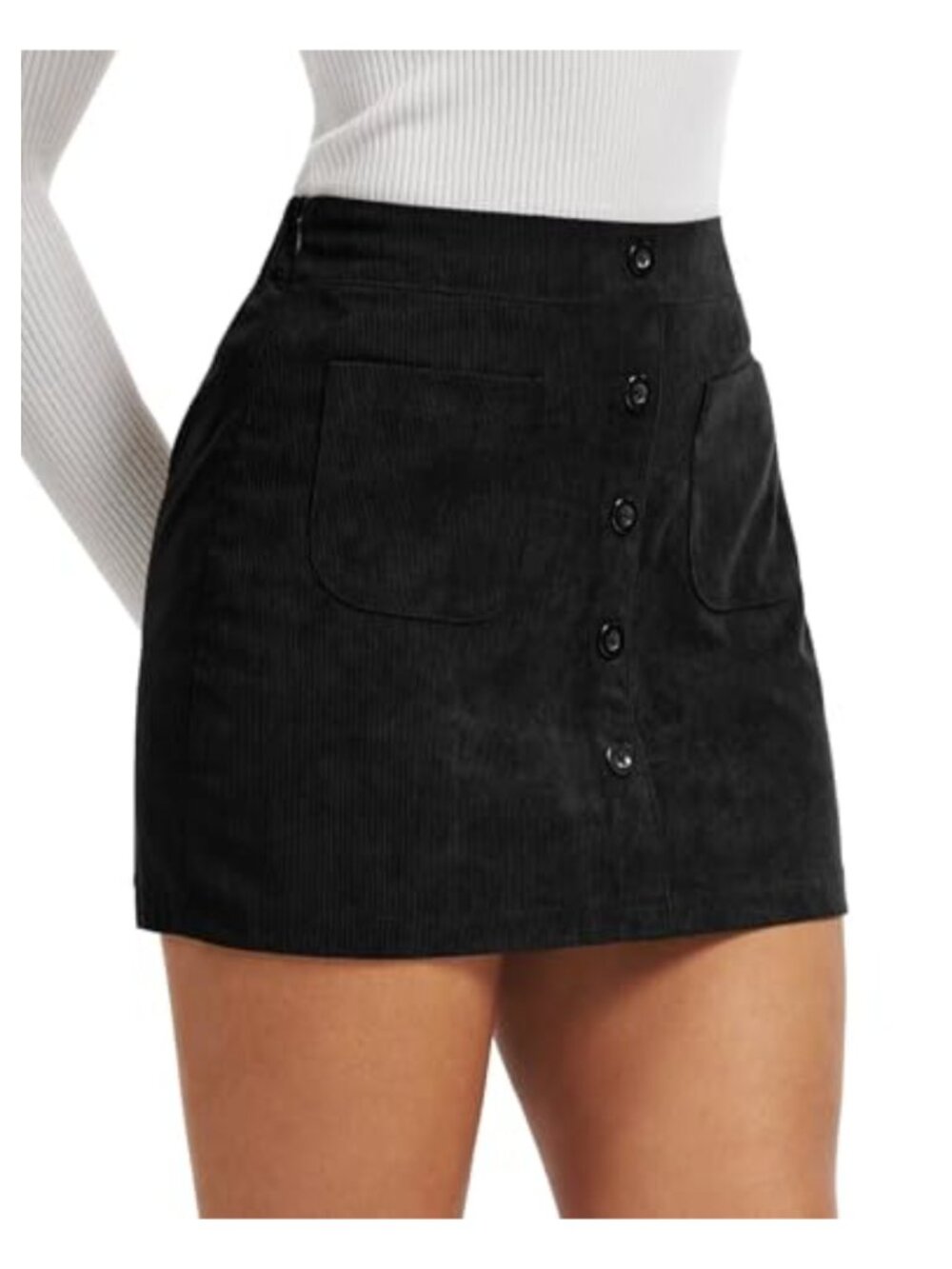 Corduroy High Waisted Mini Skirt with Pockets Button Front A Line